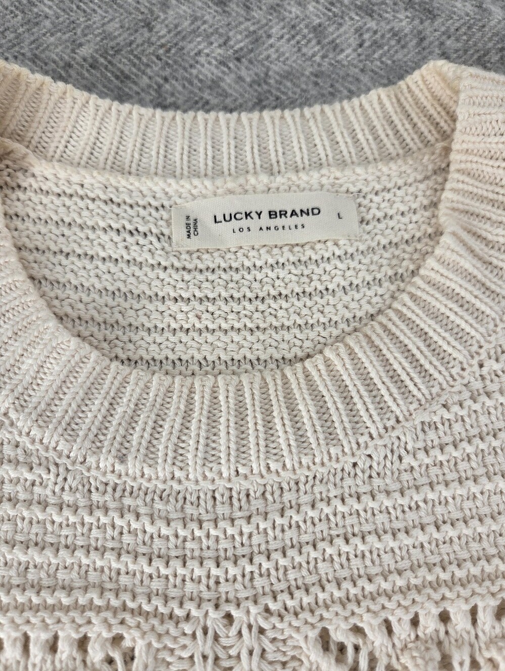 Lucky Brand Cream Crochet Knit Crewneck Sweater, Size L - Picture 5 of 5